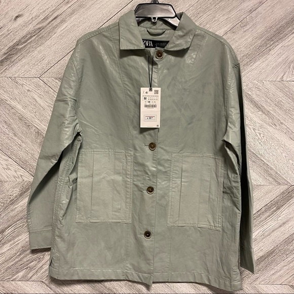 Zara | Combination Overshirt Faux Leather Jacket Sky Nlie NWT Size M - Picture 4 of 9